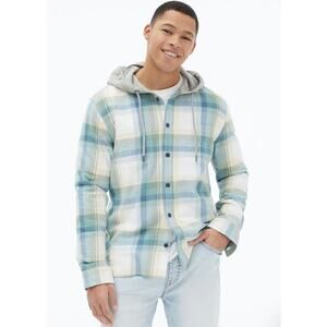 Aeropostale Men’s Blue White Long Sleeve Plaid Flannel Hooded Button-Down Shirt